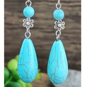 Long Synthetic Blue Turquoise Stones with Sterling Silver Accent Drop Earrings